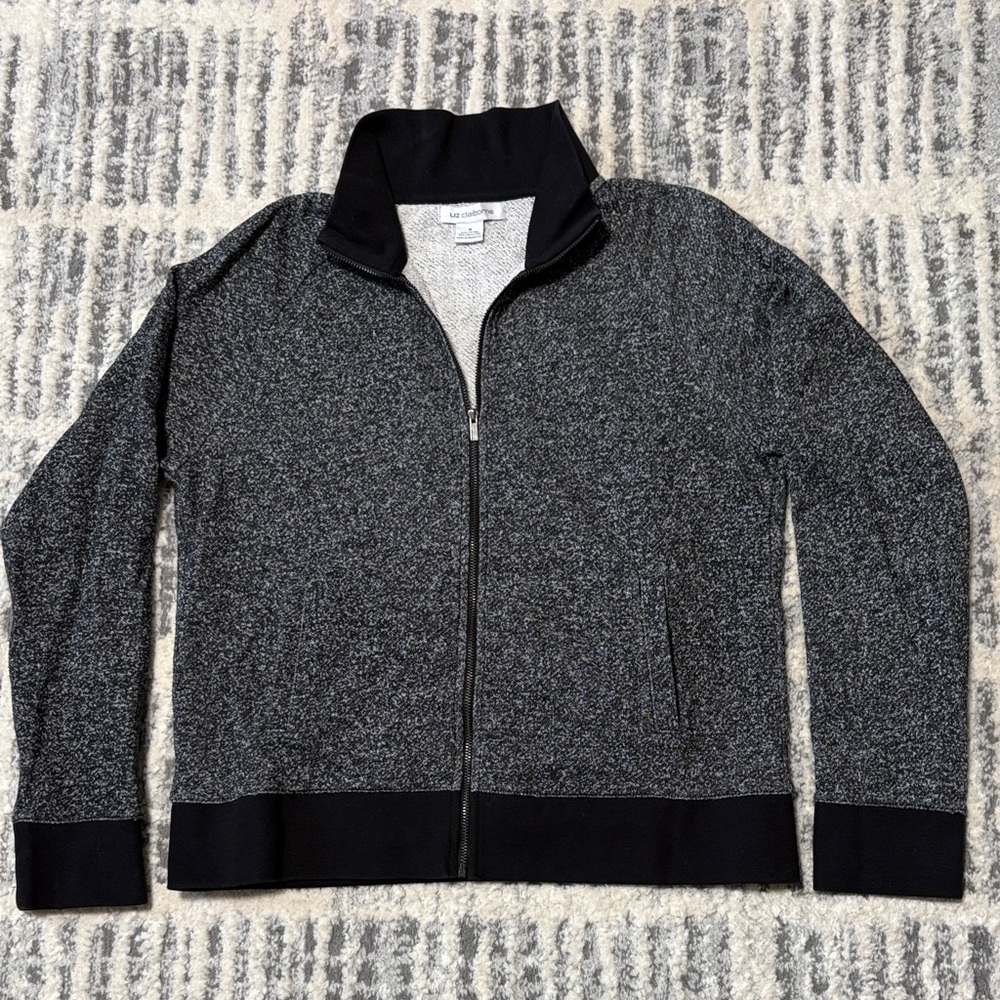 Liz Claiborne Women’s Black and Gray Zip-Up Sweater Jacket-Medium